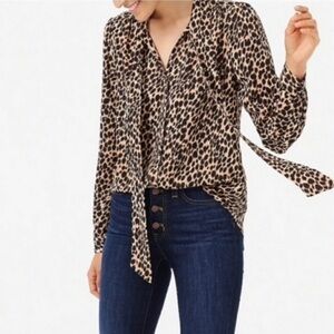 J. Crew Tie Neck Button Up Blouse‎ Leopard Print Women's Size XS Extra Small EUC